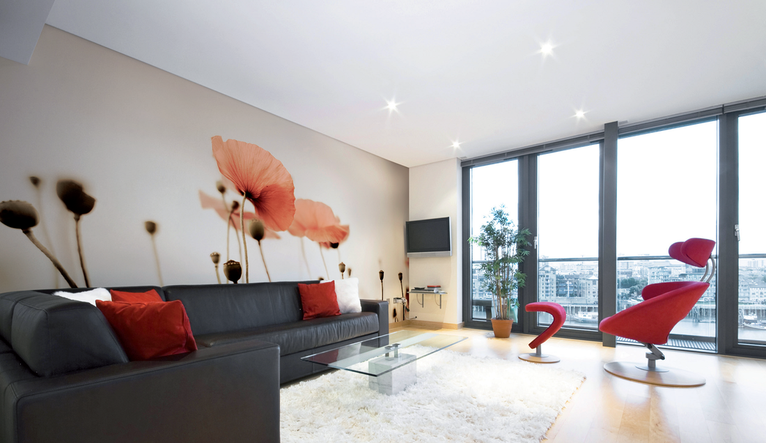 mur imprimé coquelicot et plafond tendu blanc